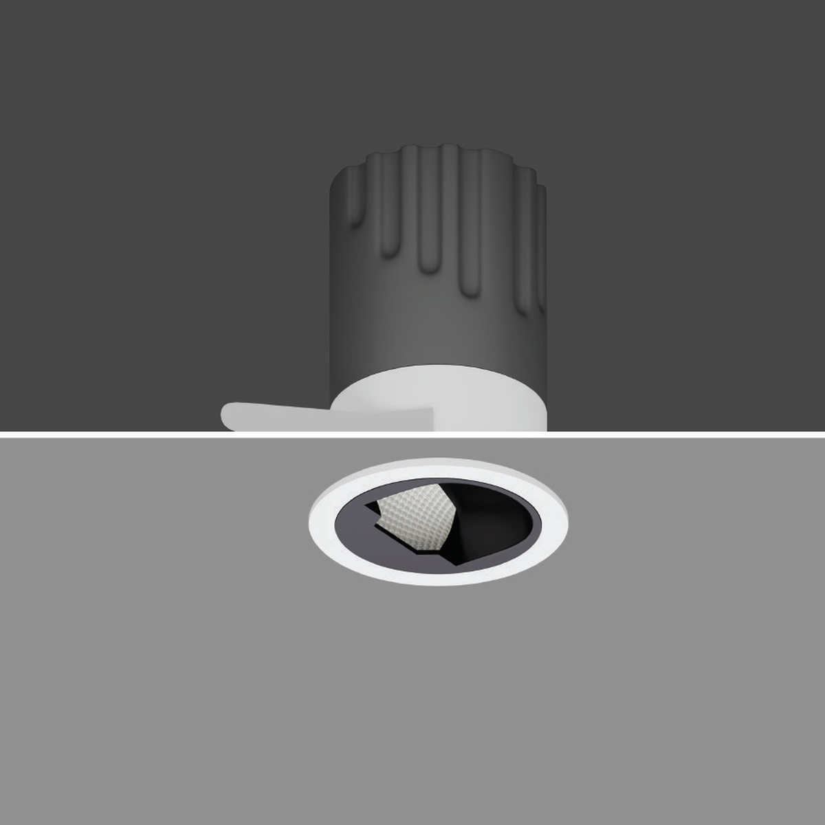 DRAPE white-body recessed downlight in a cutaway ceiling installation reference, faithful original photo; representative wattage, black-body image unavailable.