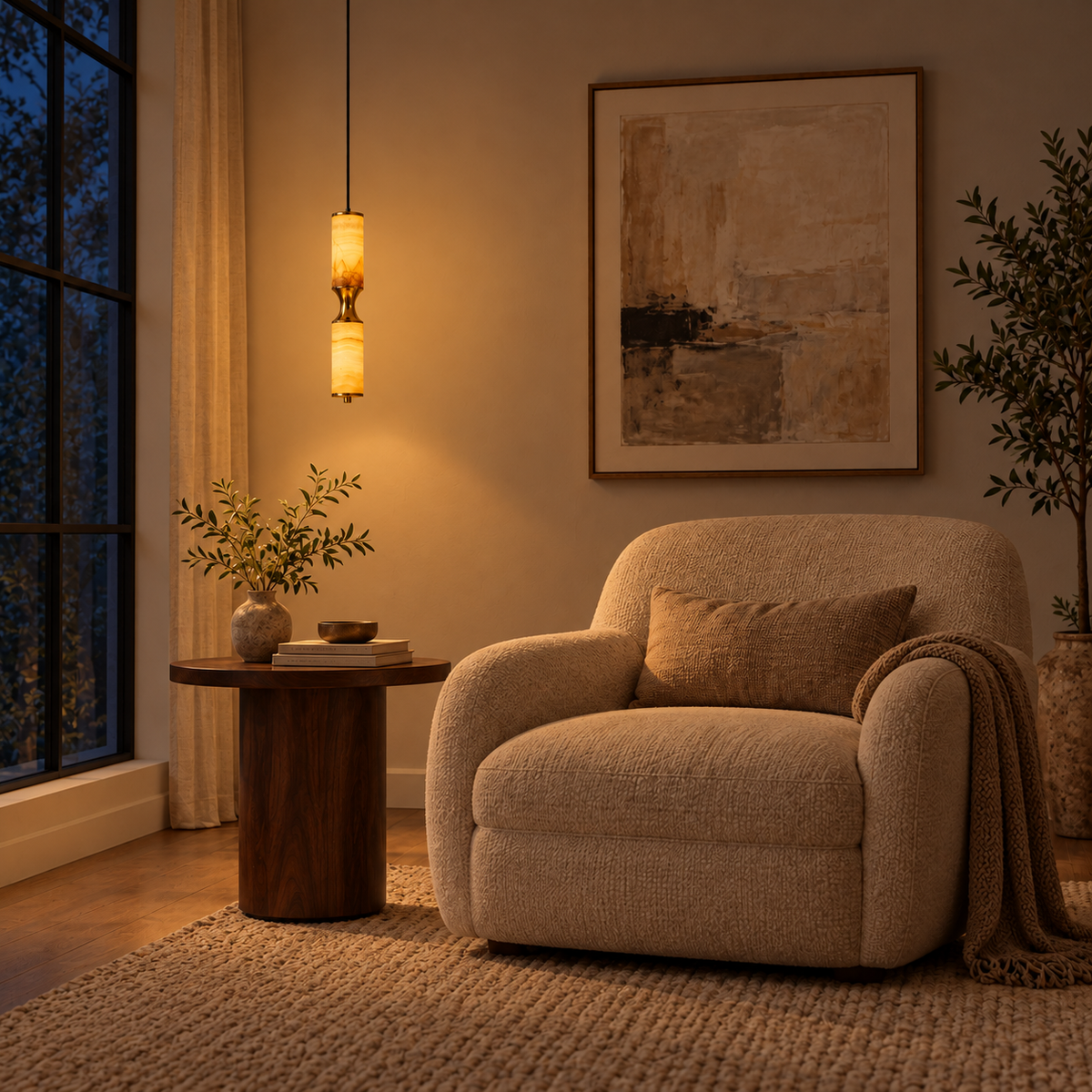 Duo Cylindrical Faux-Stone Pendant Light, evening interior, light on