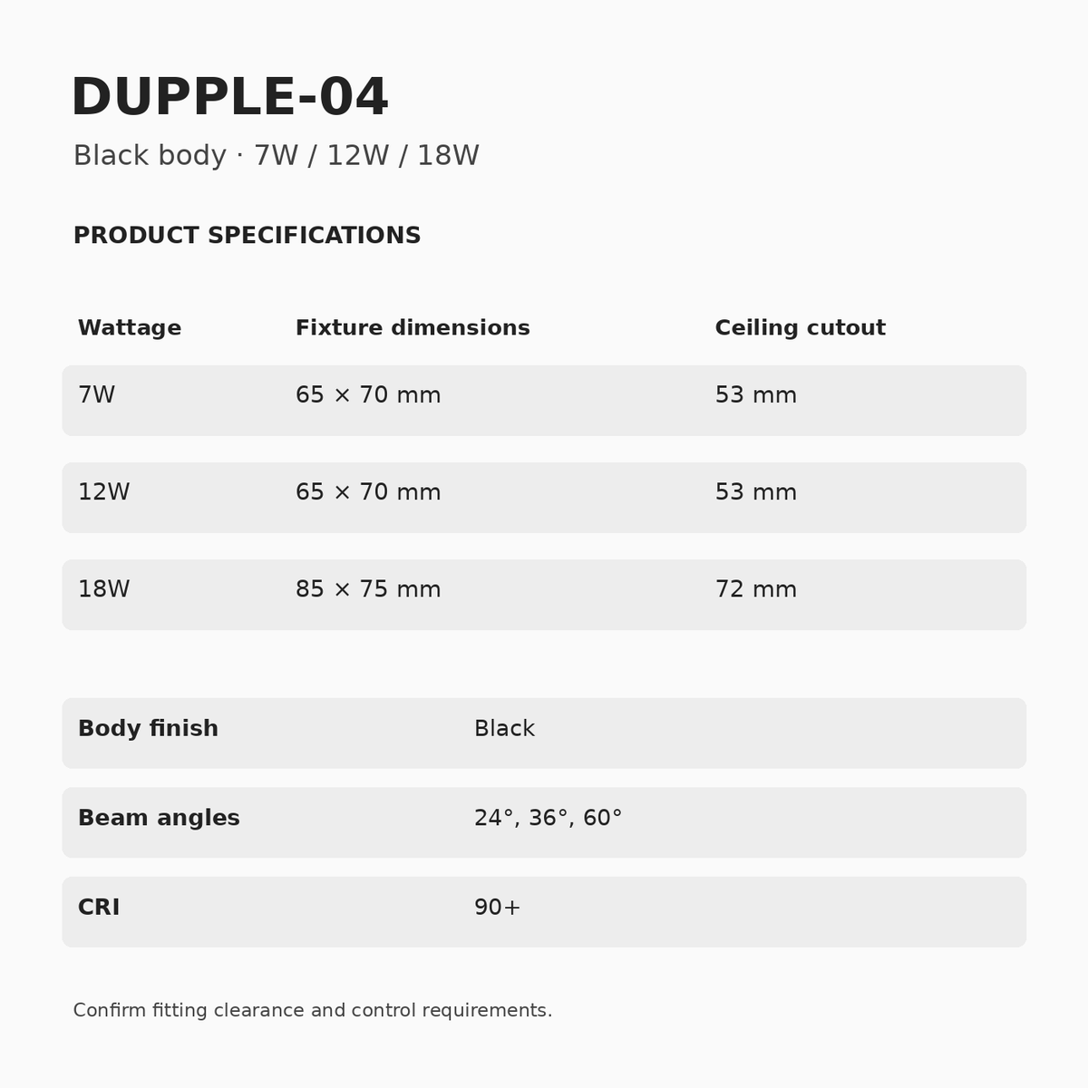 DUPPLE-04 Black Recessed Downlight – 7W, 12W & 18W dimensions and specifications
