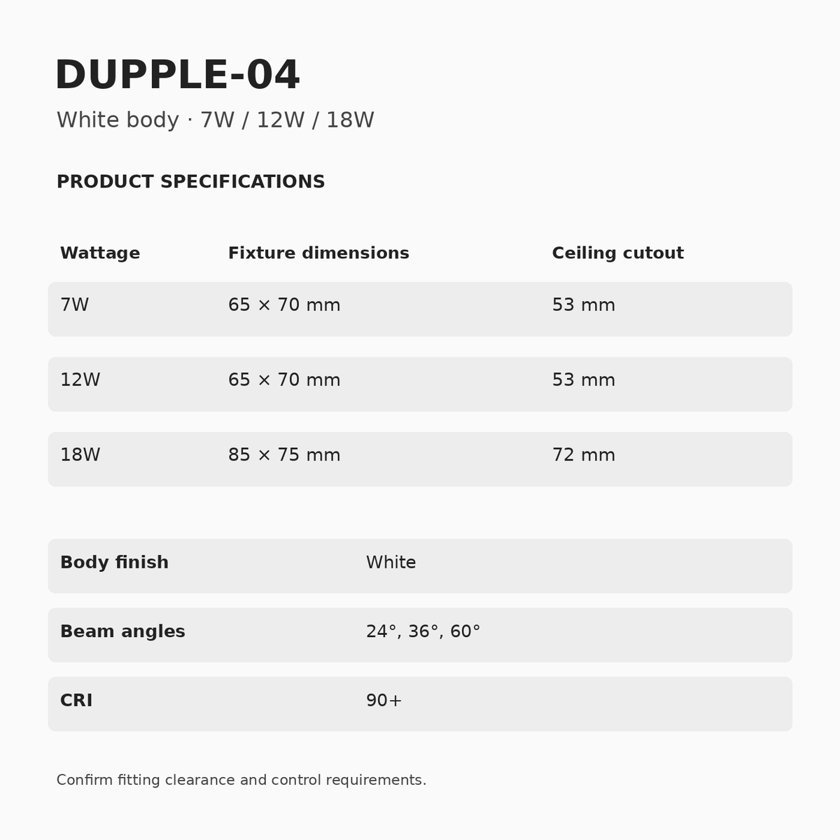 DUPPLE-04 White Recessed Downlight – 7W, 12W & 18W dimensions and specifications