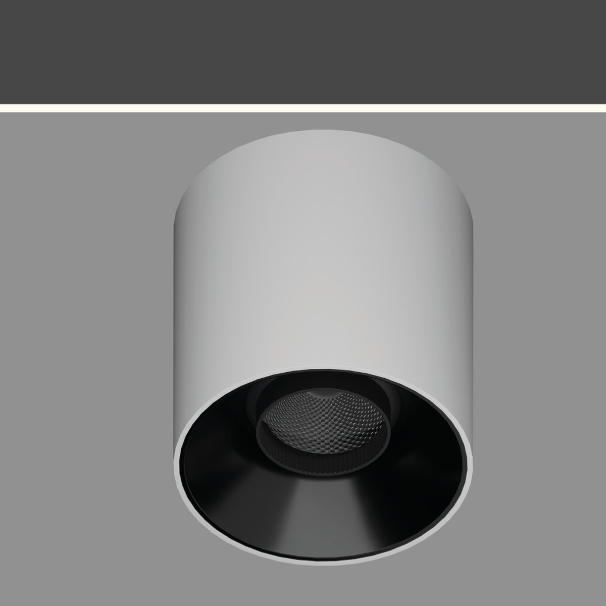 DUPPLE-SF-02 white-body cylindrical surface downlight with dark optical cone, faithful original reference; exact wattage unidentified and black-body image unavailable.