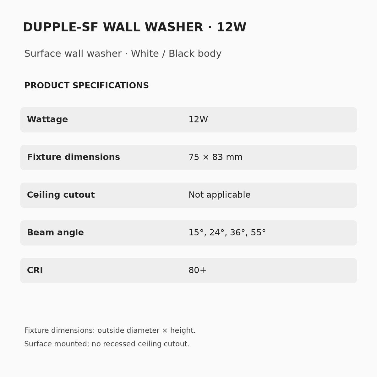 DUPPLE-SF WALL WASHER 12W specifications: 75 × 83 mm fixture dimensions; surface mounted, no recessed cutout; 15°, 24°, 36° or 55° beam options; CRI 80+.