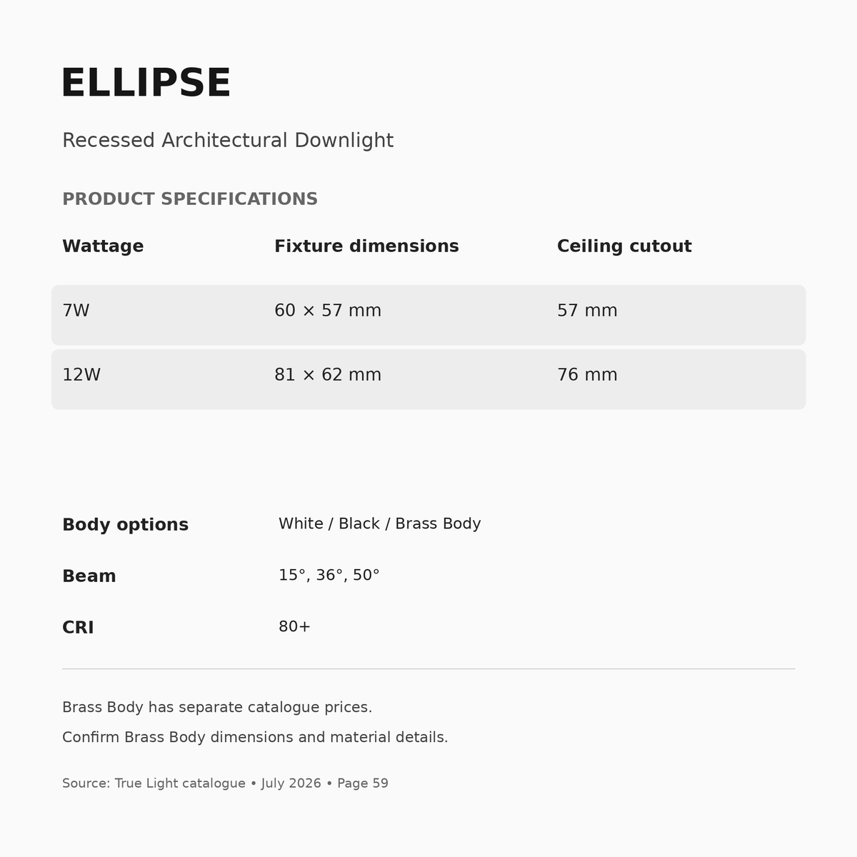 ELLIPSE specifications, wattage, body options and cutout dimensions
