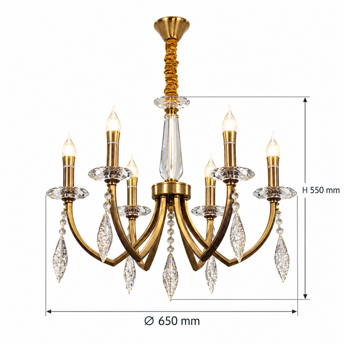 ELNYRA crystal 6-light chandelier dimension image, Ø650 x H550 mm