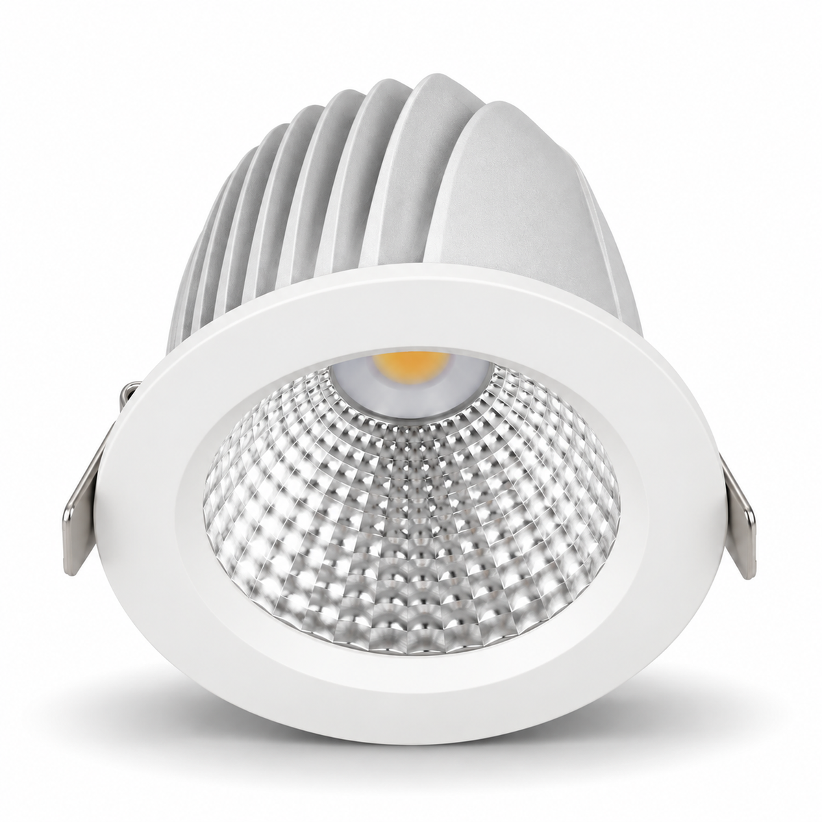 White 40W fixed recessed downlight with faceted reflector and ribbed aluminium heat sink