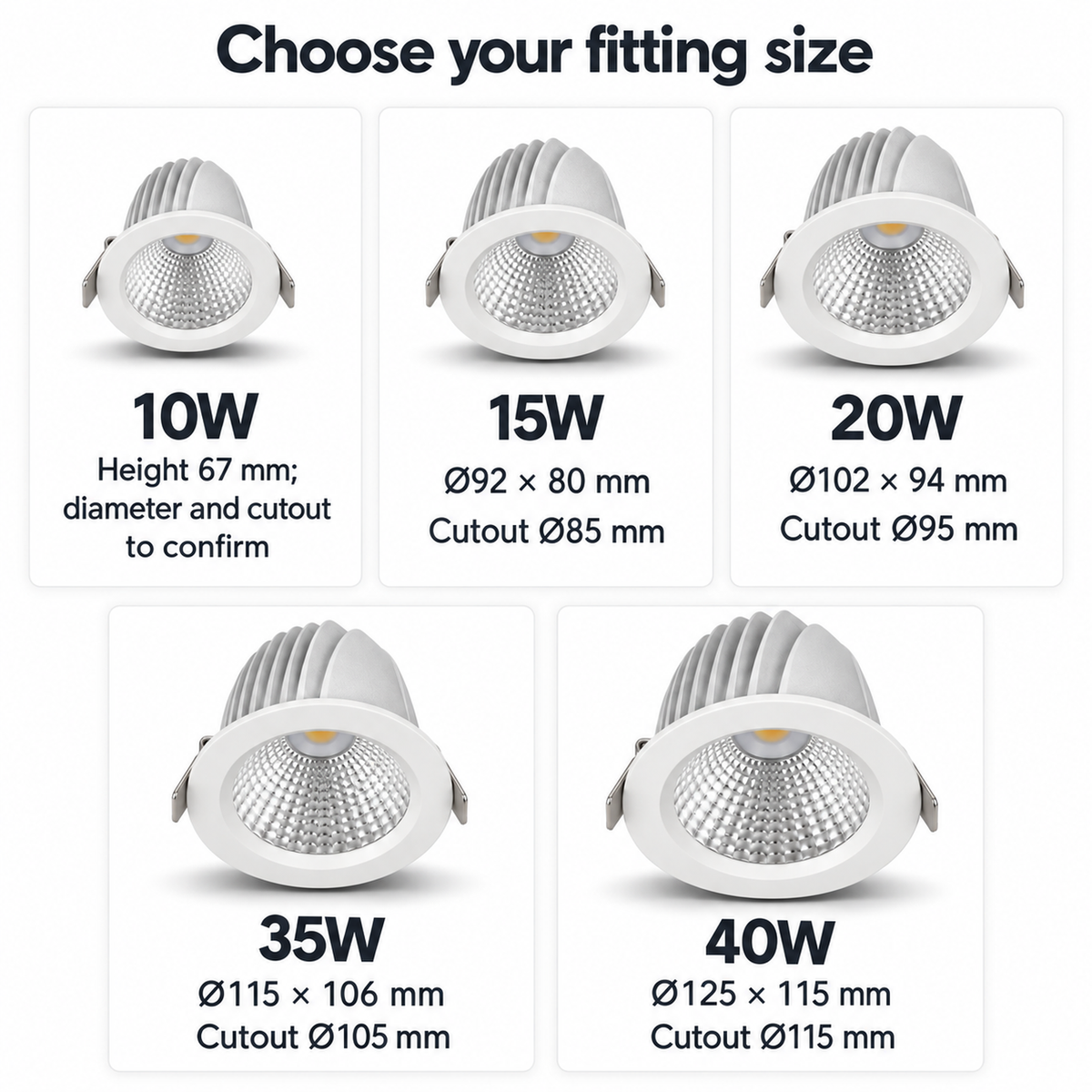 Fixed white downlight size guide for 10W, 15W, 20W, 35W and 40W; 10W diameter and cutout require confirmation