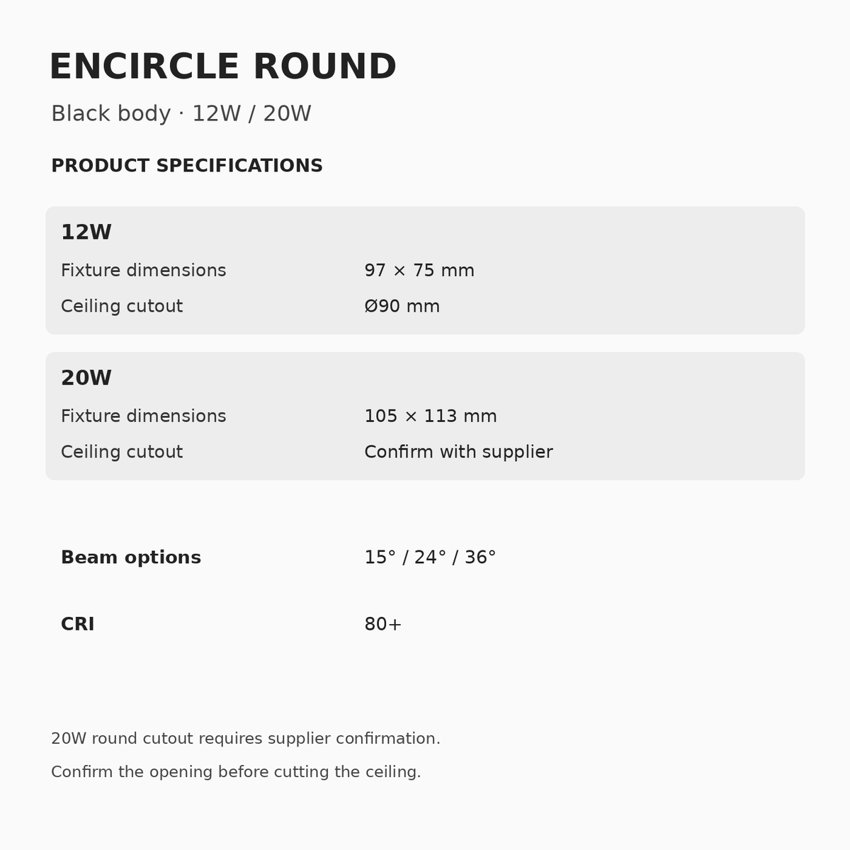 ENCIRCLE Round Black Recessed Spotlight – 12W & 20W dimensions and specifications