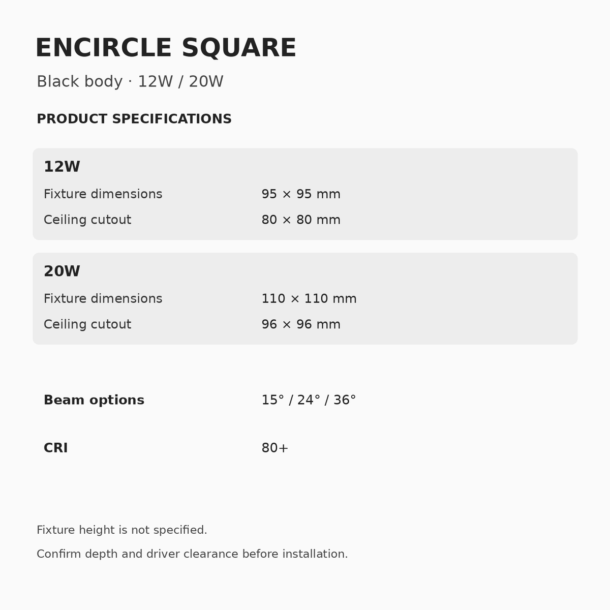 ENCIRCLE Square Black Recessed Spotlight – 12W & 20W dimensions and specifications