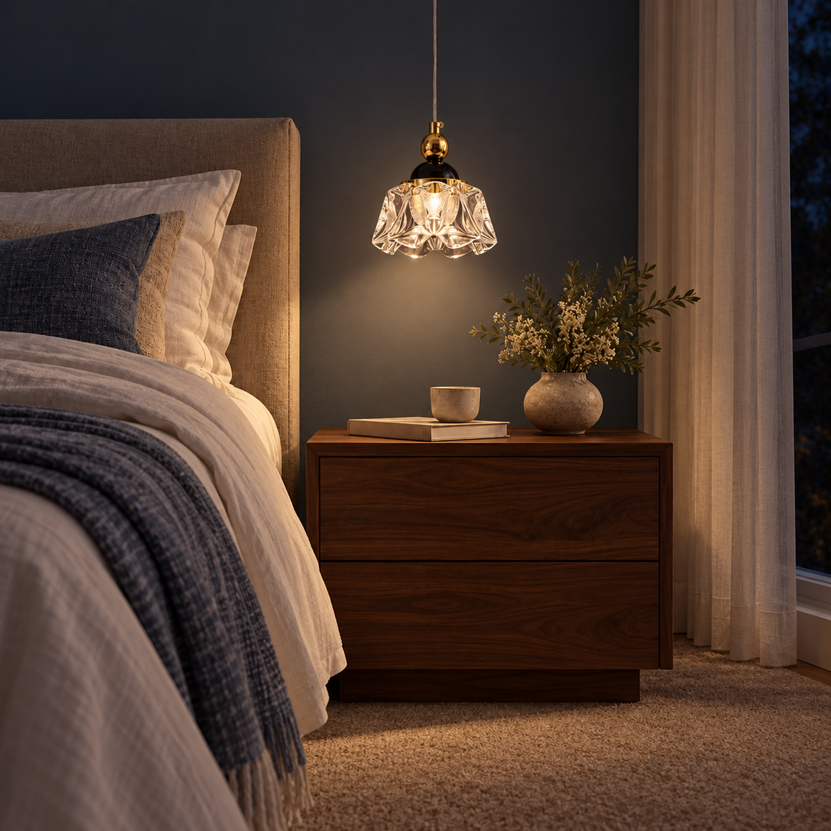 Fiora Faceted Acrylic Bell Pendant Light, evening interior, light on