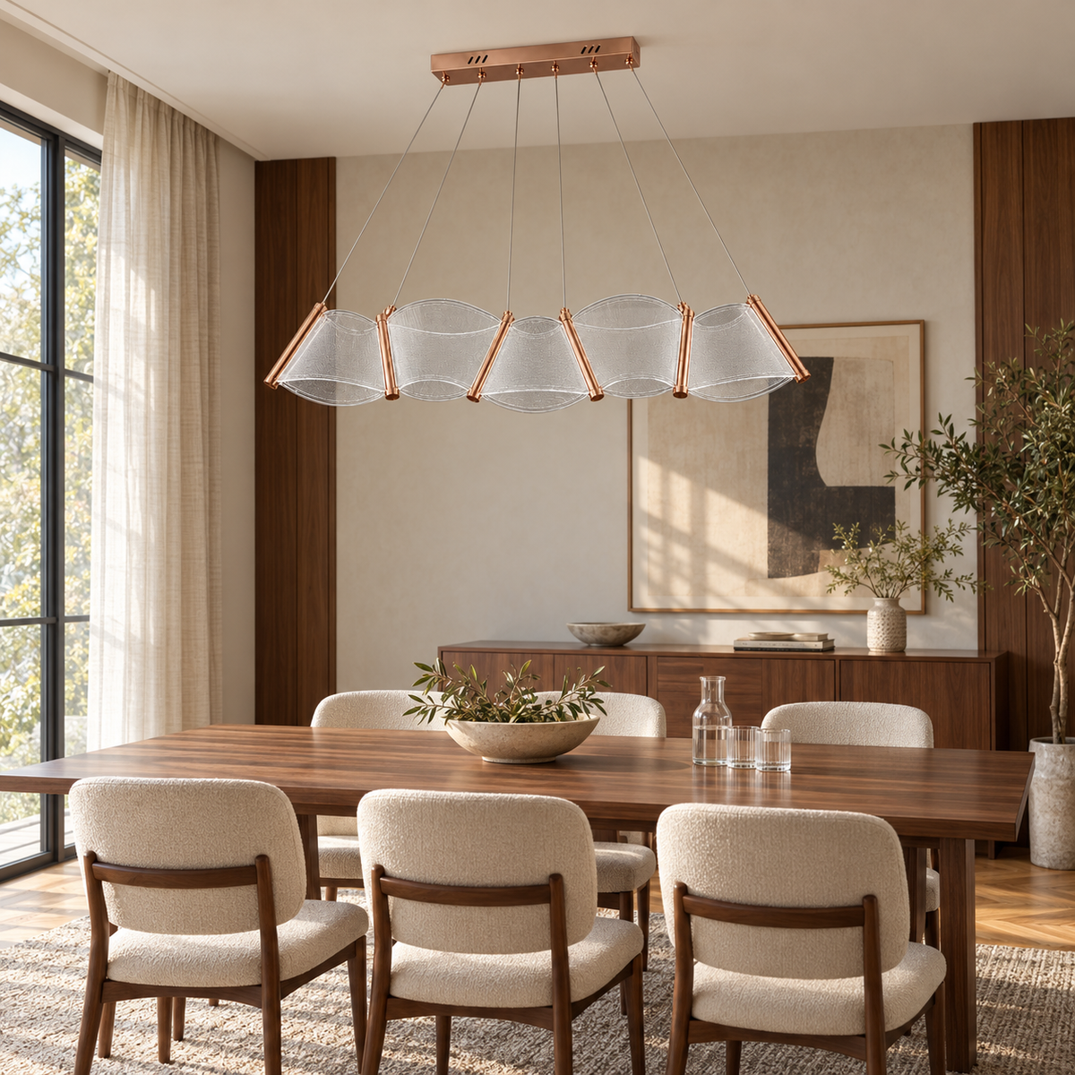 Five-Panel Linear Fan Chandelier, unlit in a daytime interior