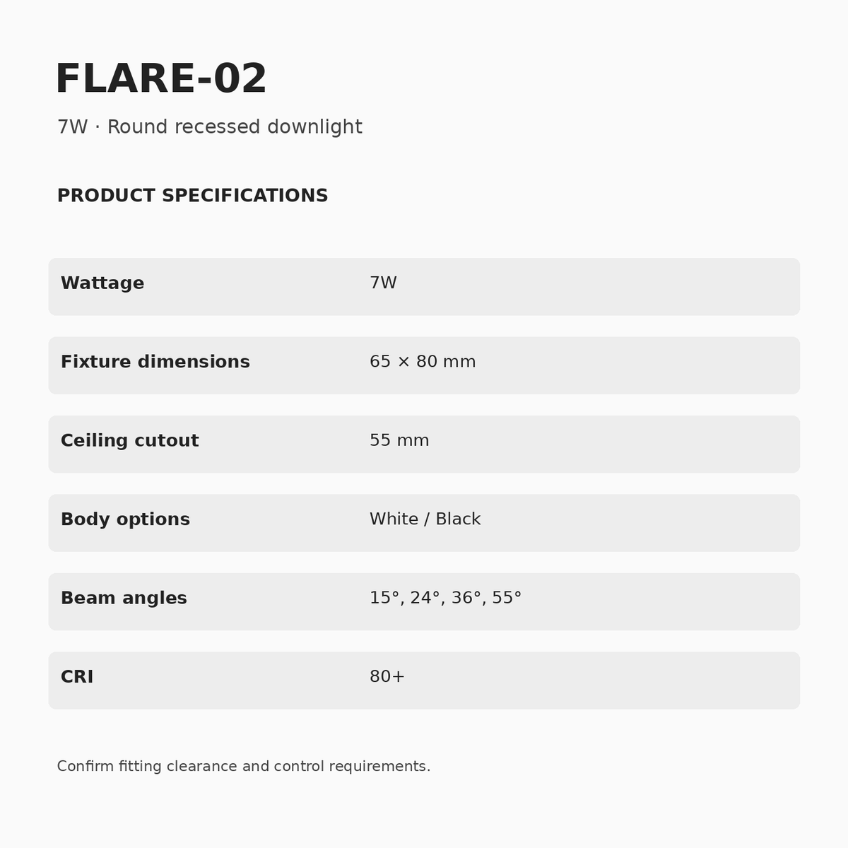 FLARE-02 7W dimensions and specifications