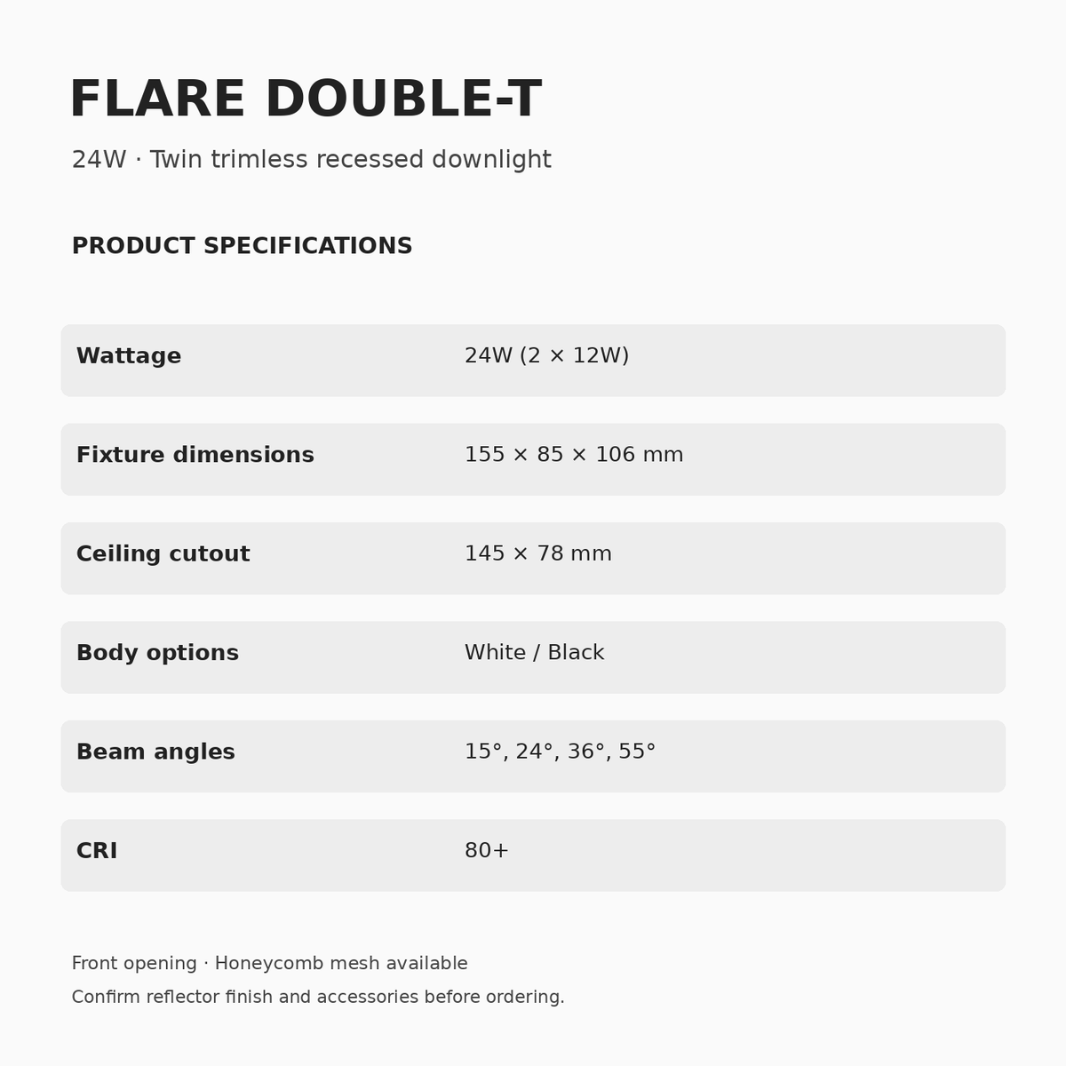 FLARE DOUBLE-T 24W dimensions and specifications