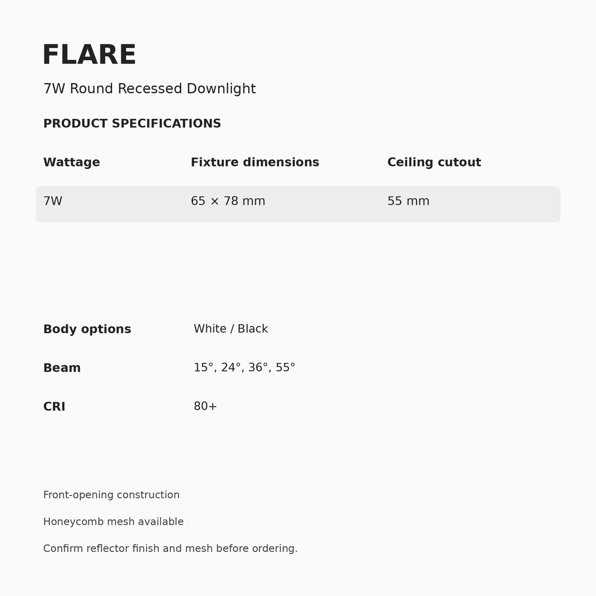 FLARE Round Recessed Downlight – 7W — dimensions, cutout and beam options