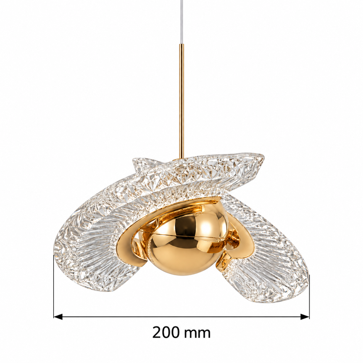 French Gold Sculptural Acrylic Pendant, dimension diagram showing head diameter 200 mm