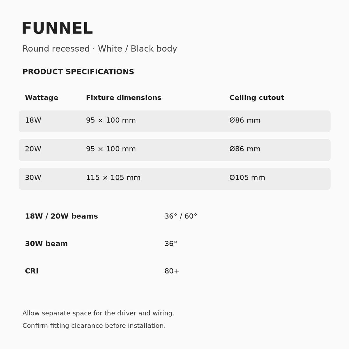 FUNNEL Recessed Downlight – 18W, 20W & 30W dimensions and specifications