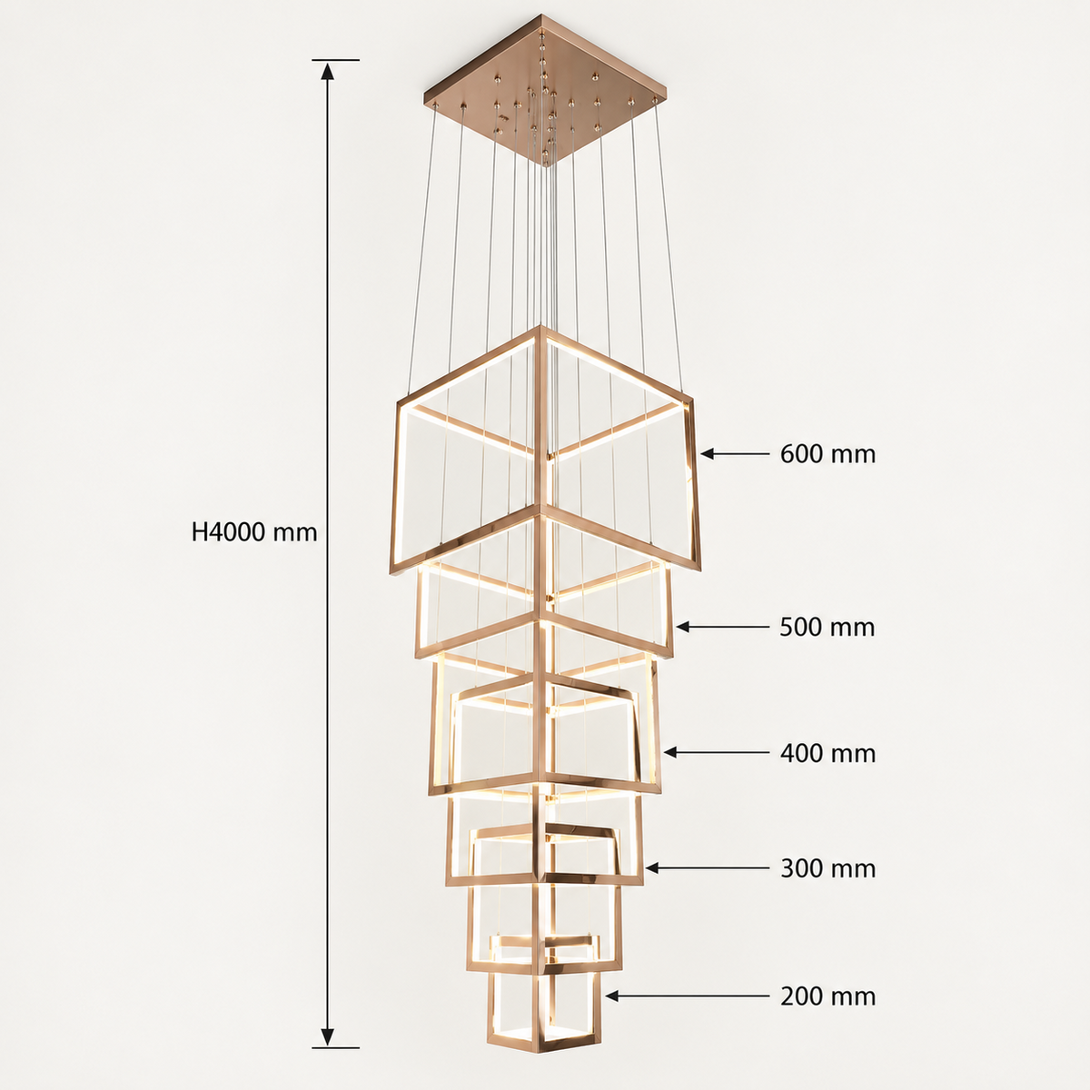 Geometric cube cascade chandelier dimensions, H4000 mm with 600, 500, 400, 300 and 200 mm frames