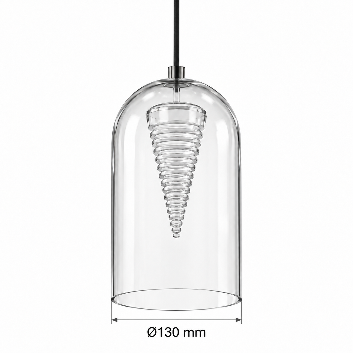 Glass & Acrylic Cone Pendant, dimension diagram showing shade diameter 130 mm