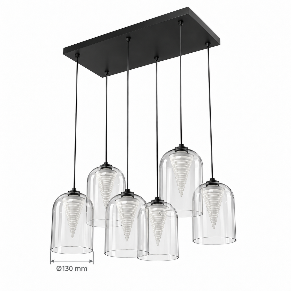 Glass & Acrylic Six-Drop Cluster Chandelier, dimension diagram showing individual shade diameter 130 mm