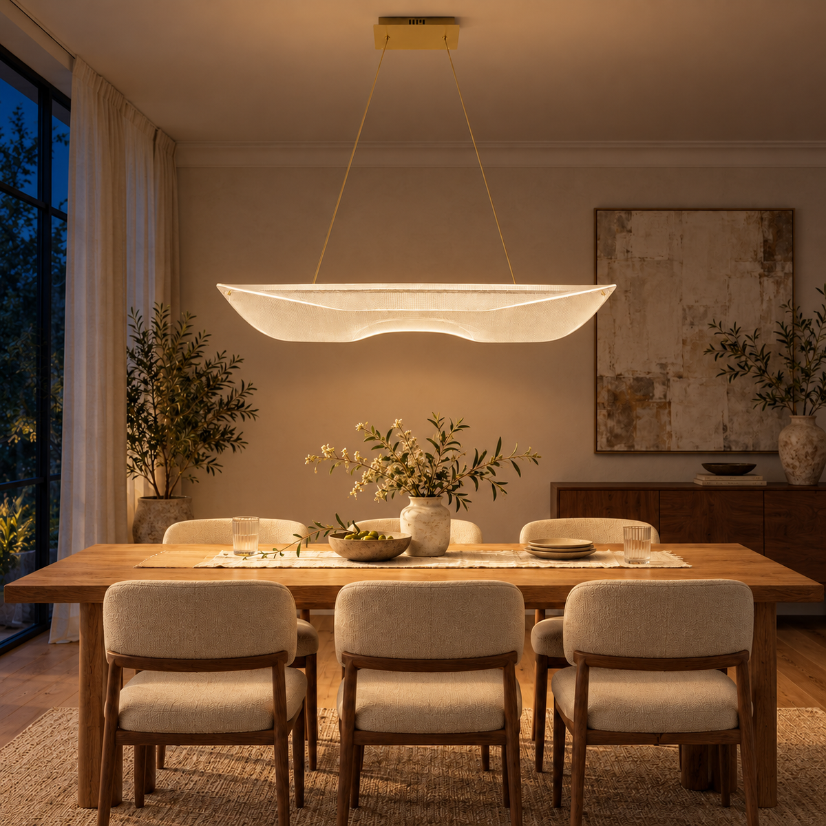 Gold and Acrylic Crescent Pendant, illuminated in a nighttime interior