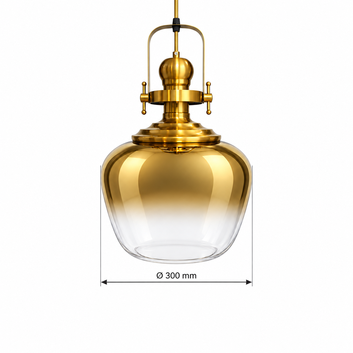 Gold & Clear Glass Rounded Pendant, dimension diagram showing glass body diameter 300 mm