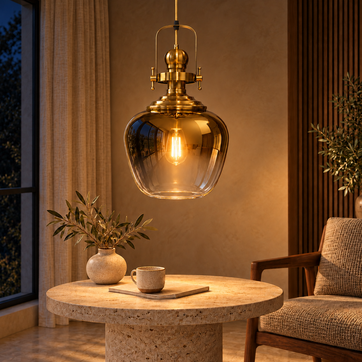 Gold & Clear Glass Rounded Pendant, illuminated in a nighttime interior
