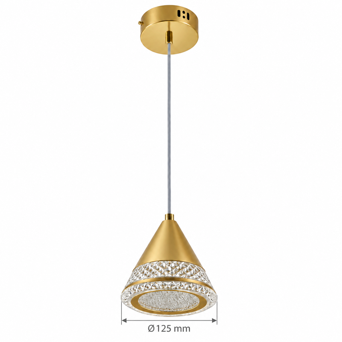 Gold Faceted Cone Pendant, dimension diagram; shade diameter 125 mm