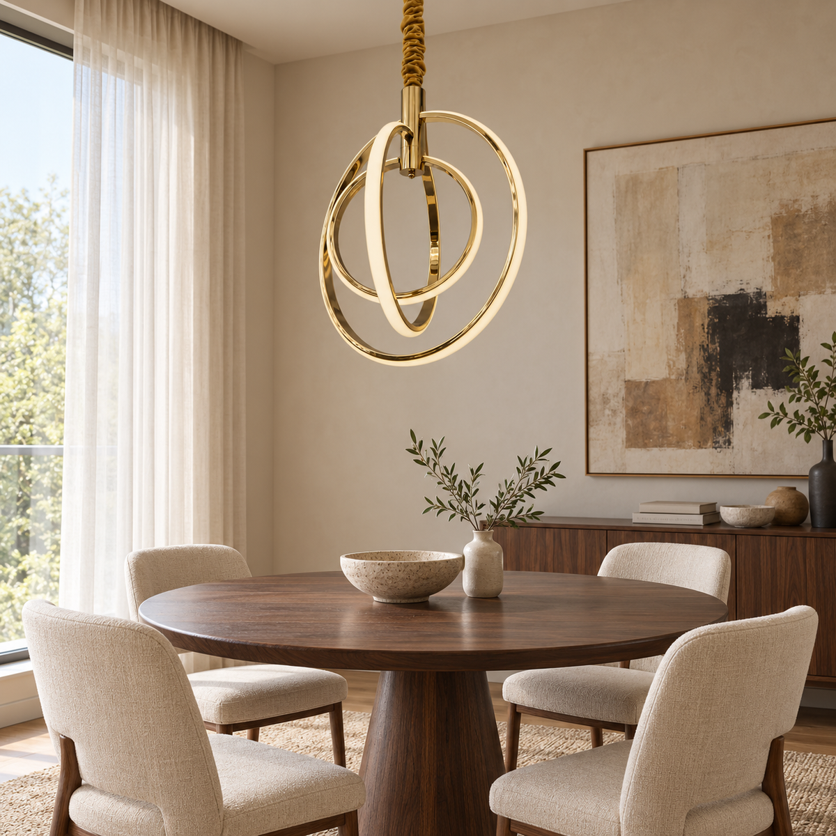 Gold Orbital Three-Ring Chandelier, unlit in a daytime interior