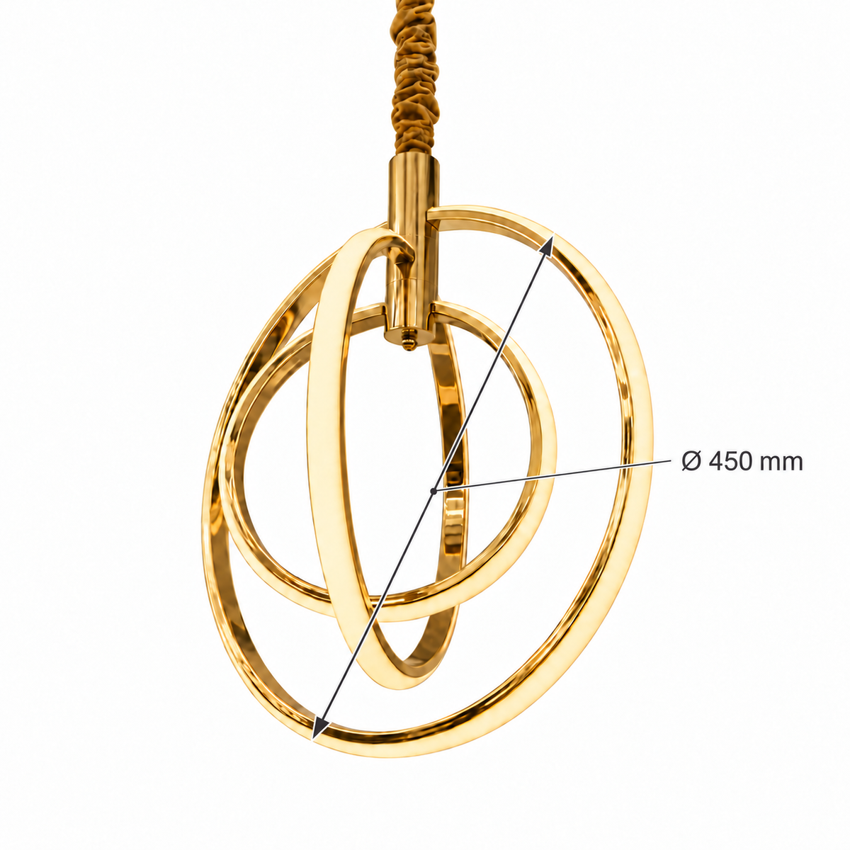 Gold Orbital Three-Ring Chandelier, dimension diagram; largest ring diameter 450 mm