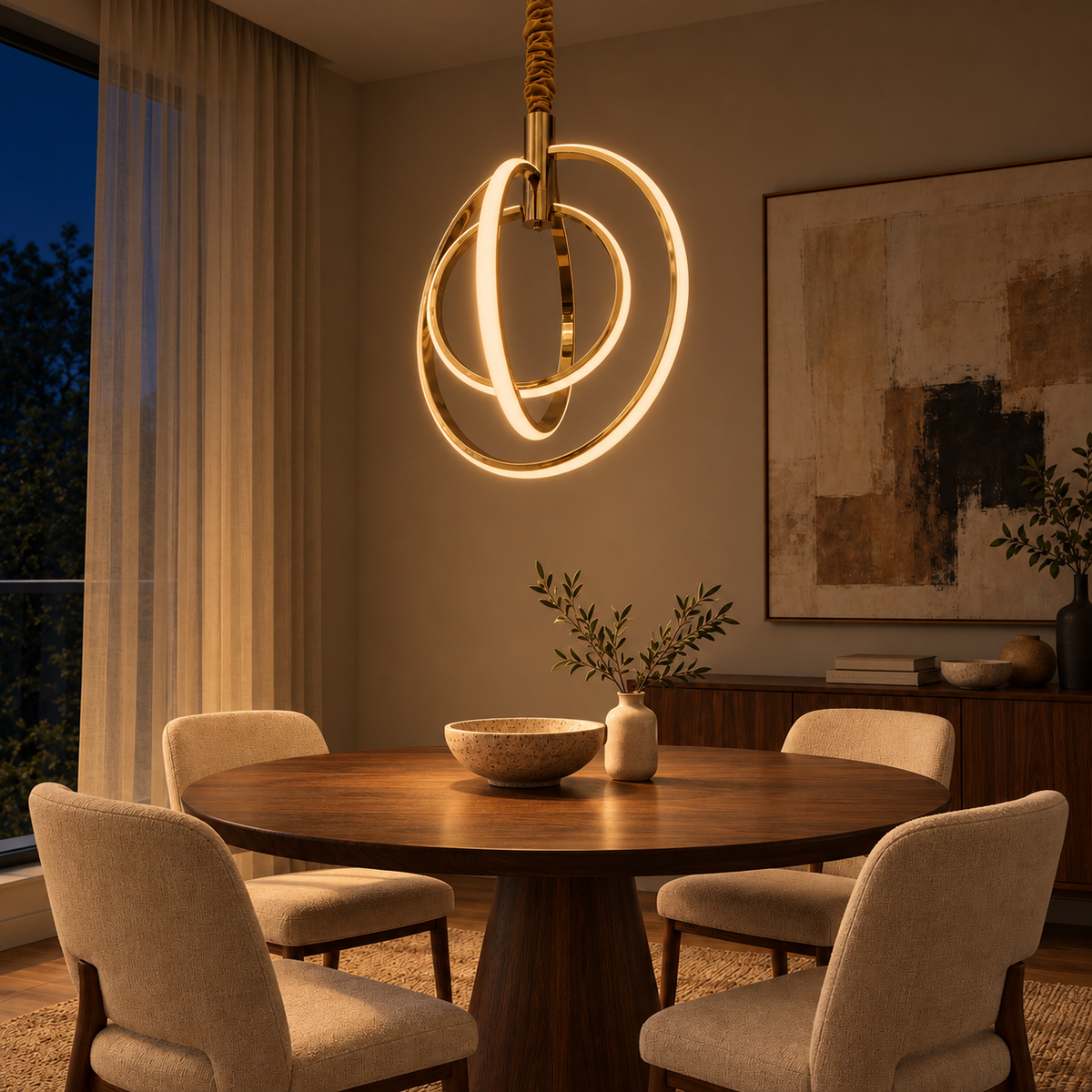 Gold Orbital Three-Ring Chandelier, illuminated in a nighttime interior