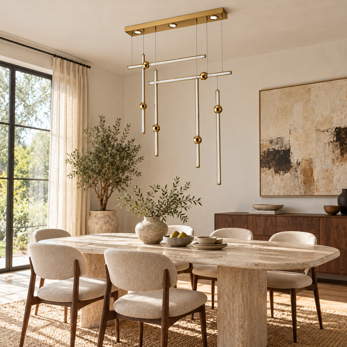 Gold Six-Rod Linear Chandelier, unlit in a daytime interior