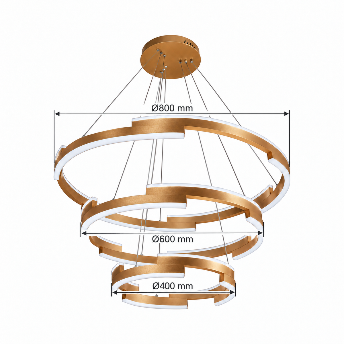 Gold Stepped Three-Tier Chandelier, dimension diagram; largest tier diameter 800 mm, middle tier diameter 600 mm, smallest tier diameter 400 mm