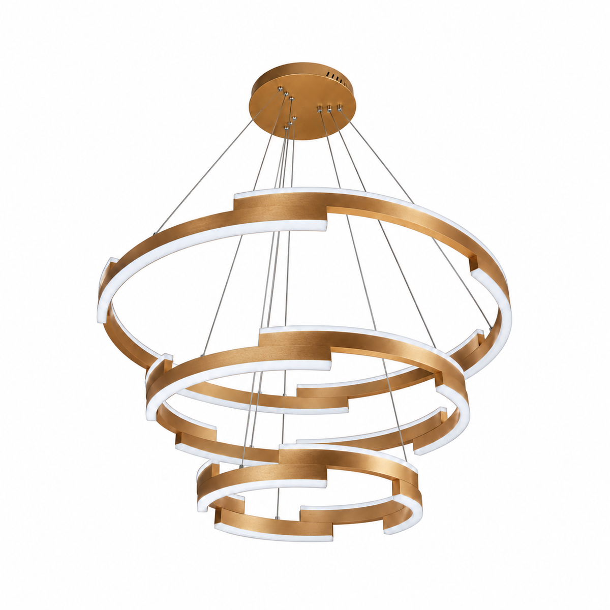 Gold Stepped Three-Tier Chandelier, unlit studio view