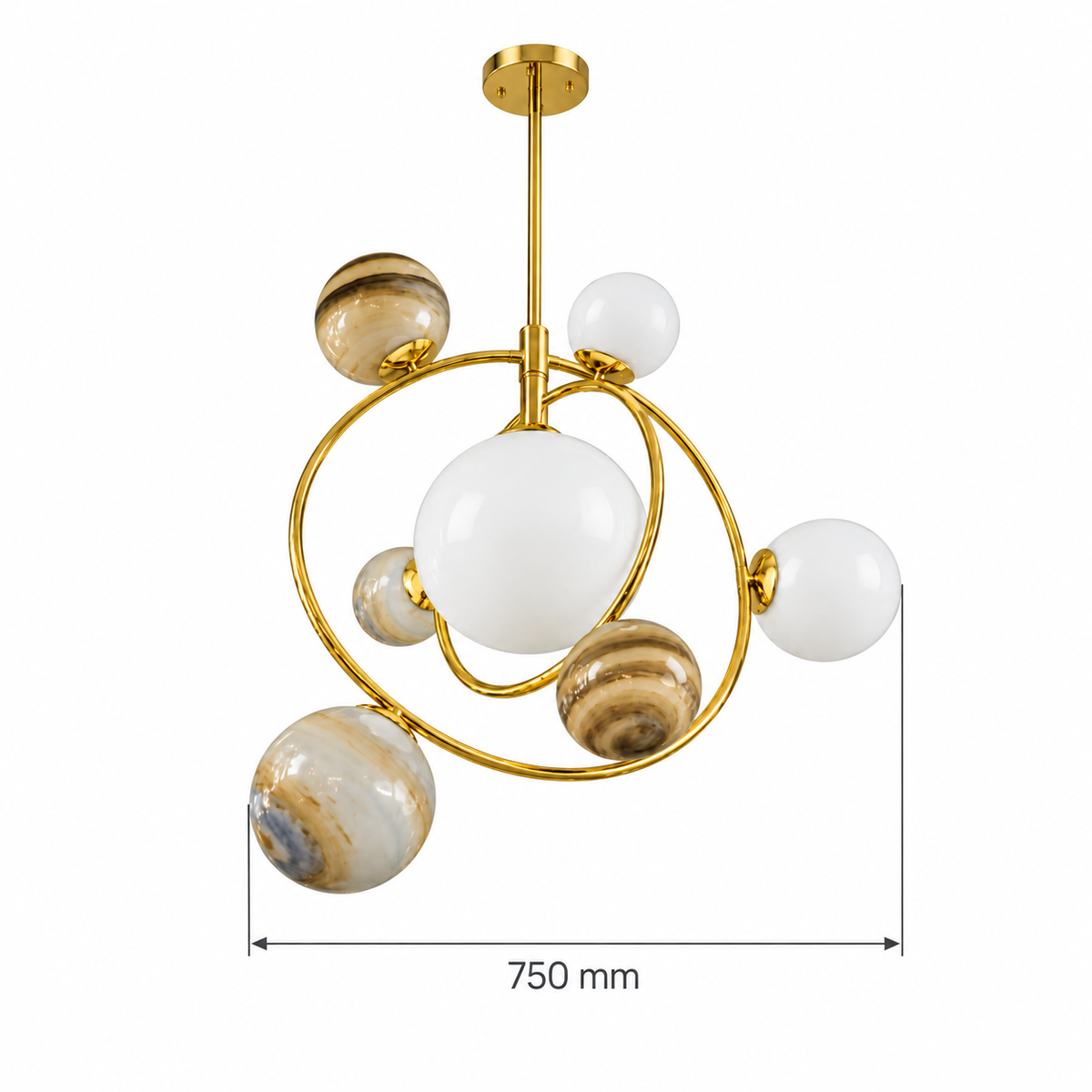 Gold-Tone Seven-Globe Orbit Chandelier, dimension diagram showing overall diameter 750 mm