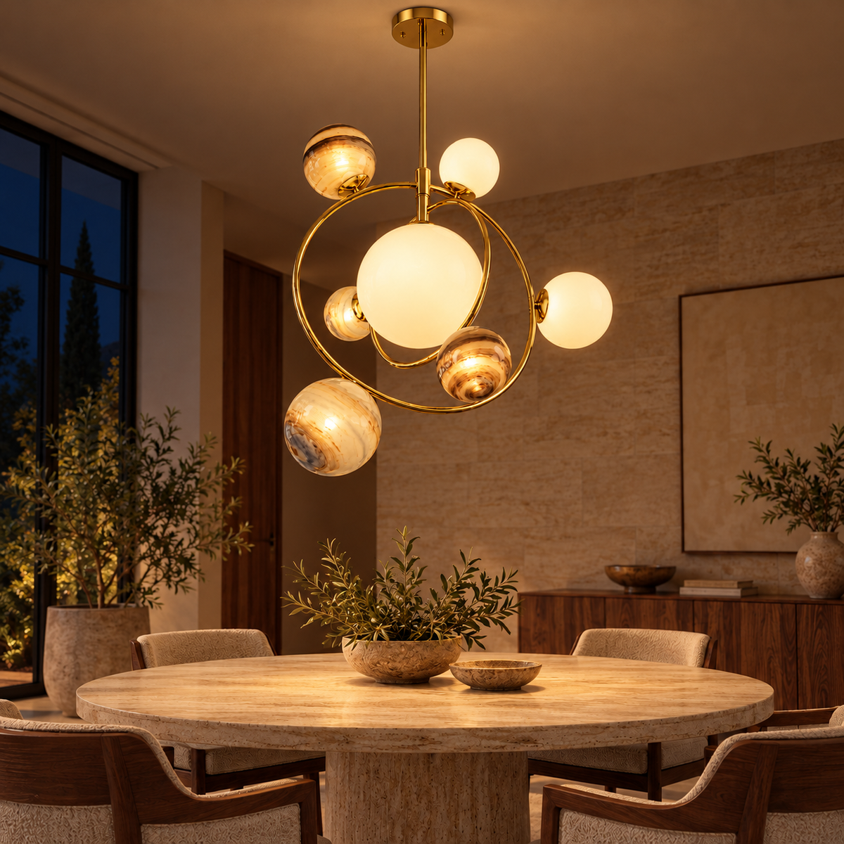 Gold-Tone Seven-Globe Orbit Chandelier, illuminated in a nighttime interior