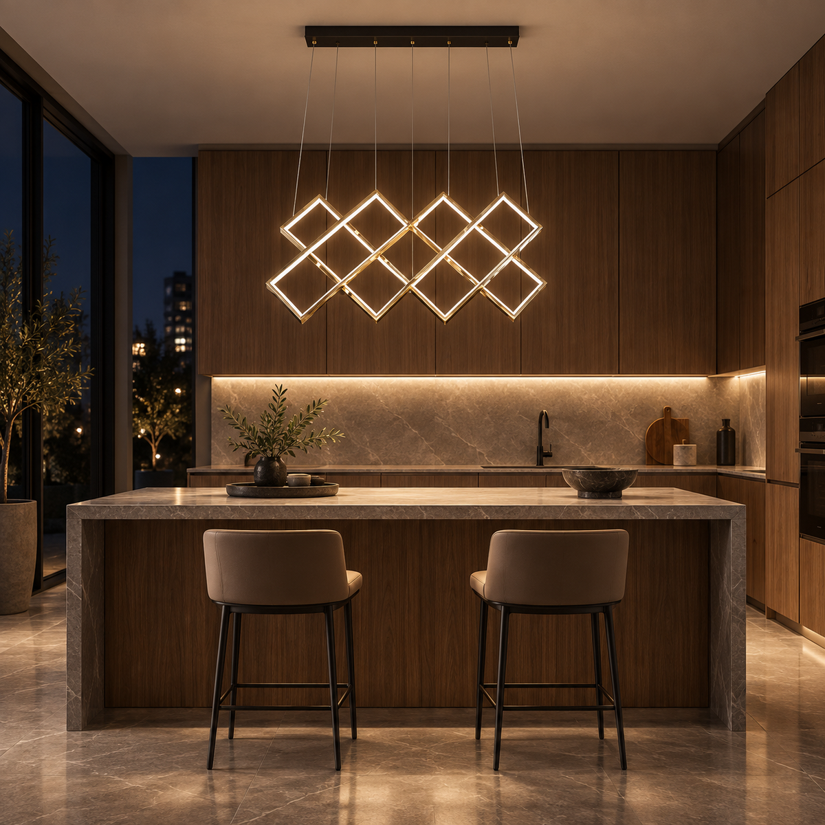 Golden interlocking square chandelier above a contemporary kitchen island