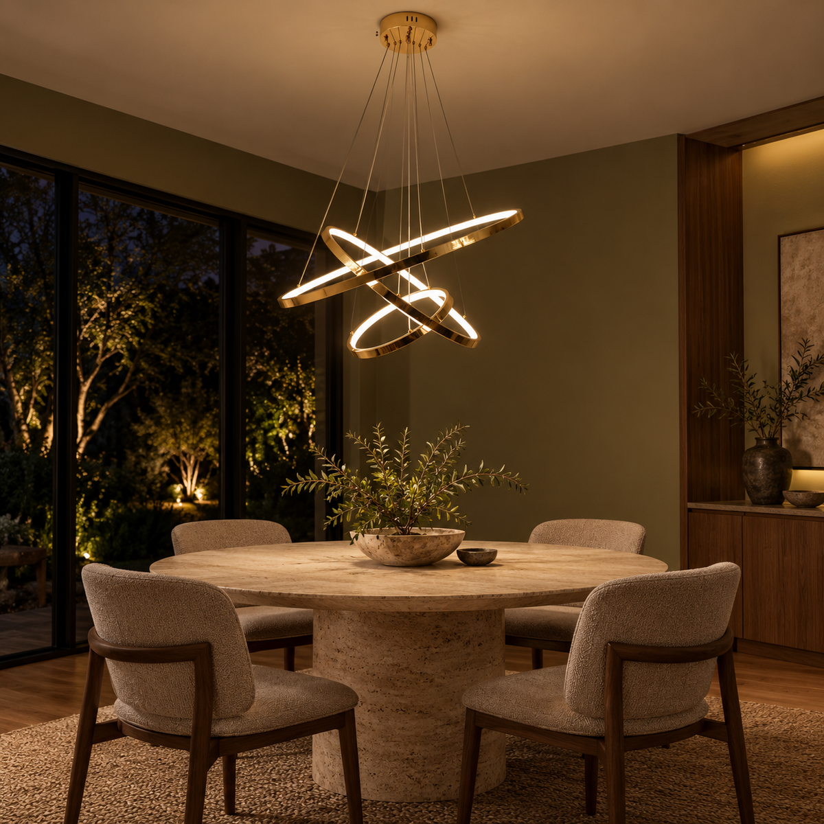 Golden three ring chandelier above a contemporary dining table