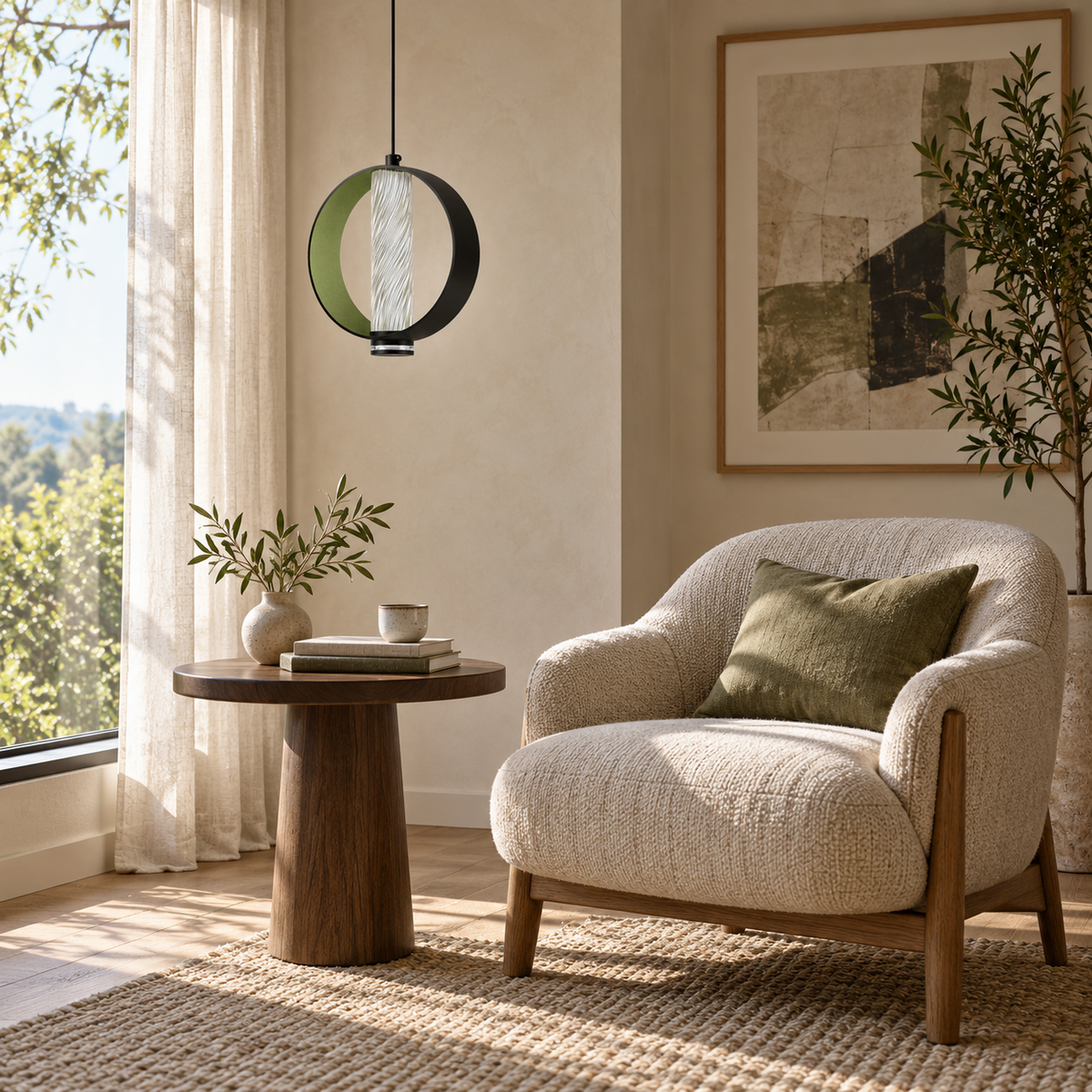 Green Disc and Fluted Cylinder Pendant, unlit in a daytime interior
