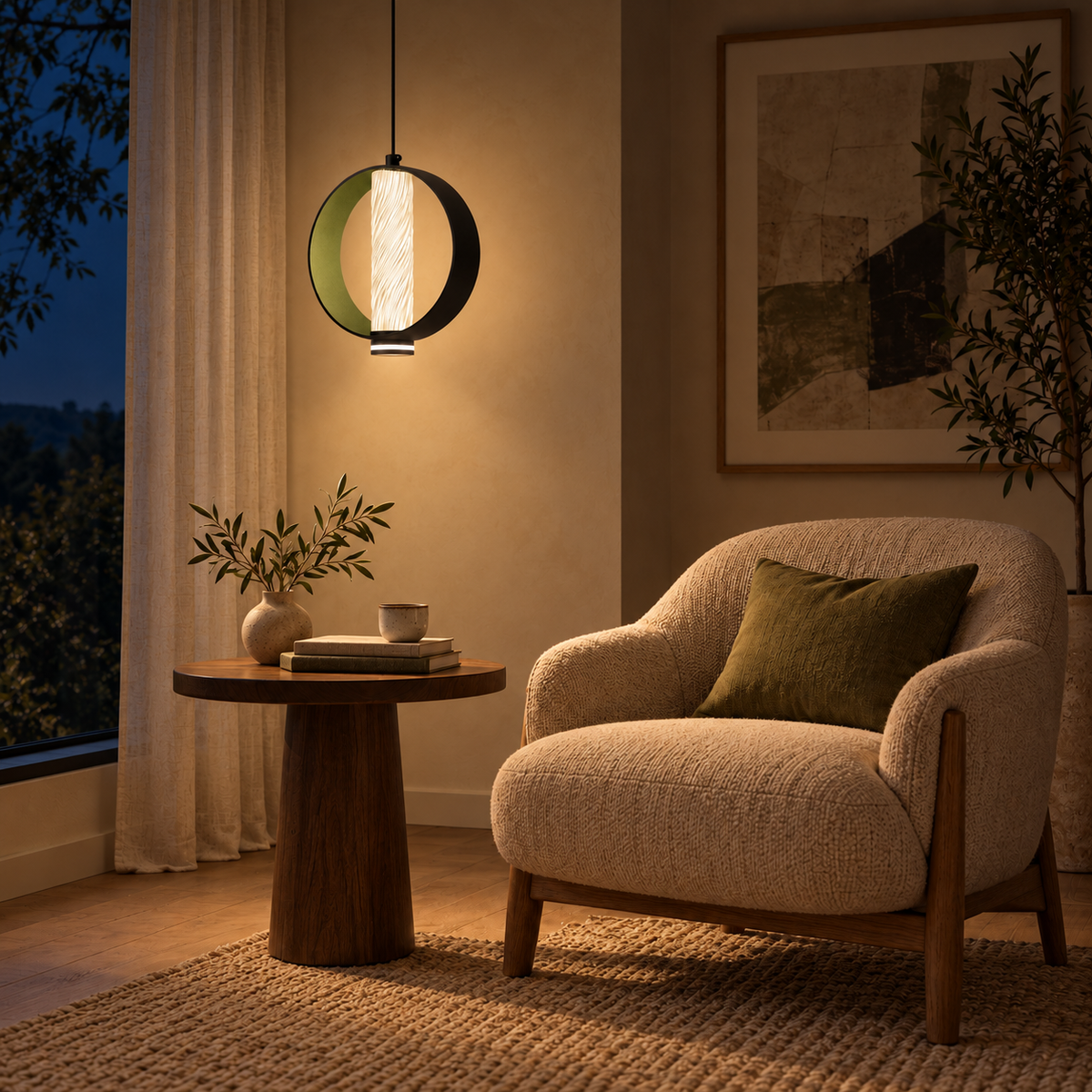 Green Disc and Fluted Cylinder Pendant, illuminated in a nighttime interior