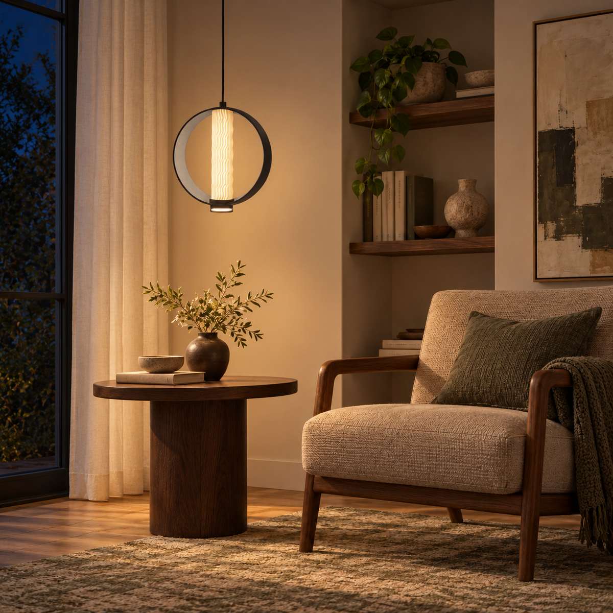 Grey Disc and Fluted Cylinder Pendant, illuminated in a nighttime interior