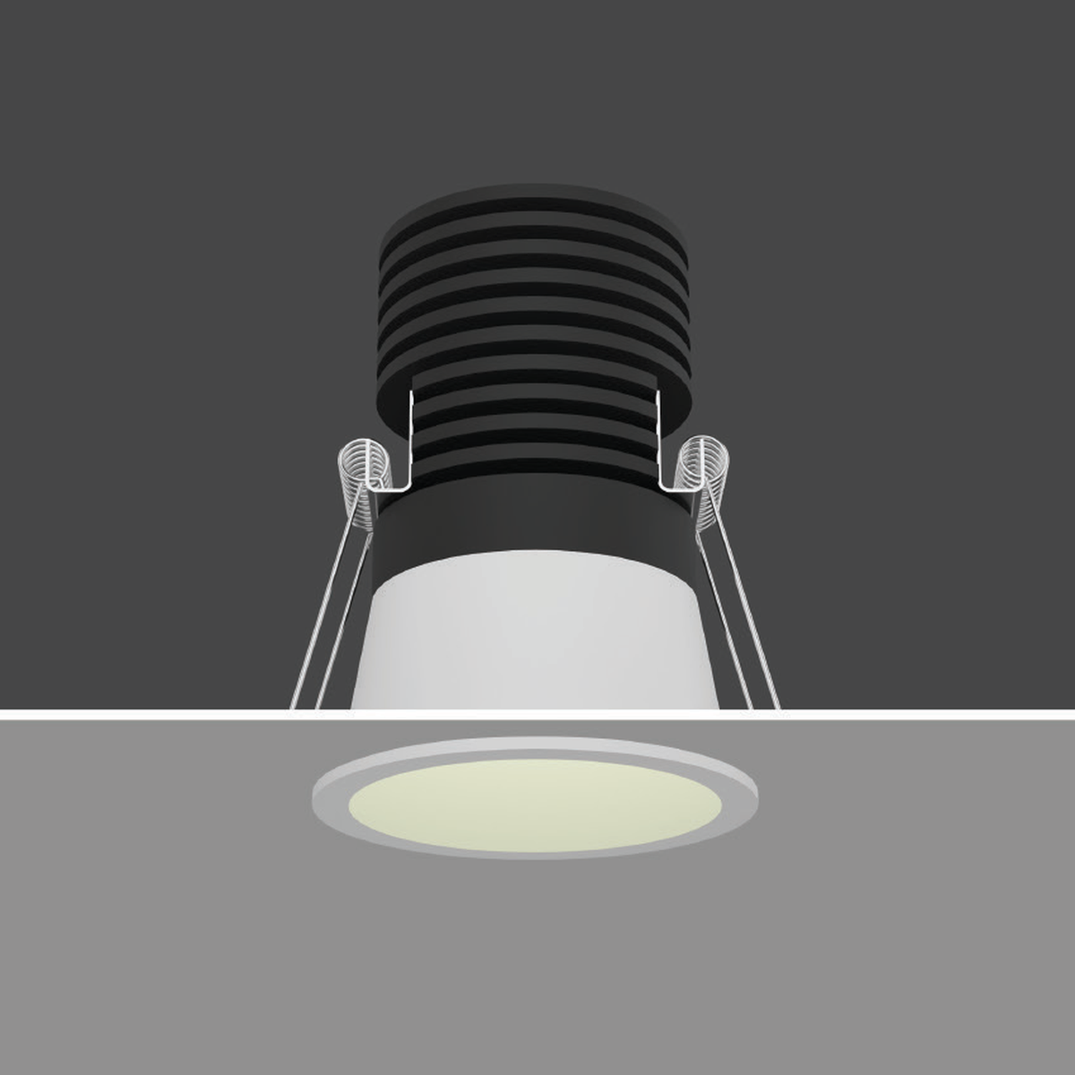 HELIX white-body round recessed downlight, faithful installation reference with ceiling plane retained; exact wattage unidentified and black-finish image unavailable.