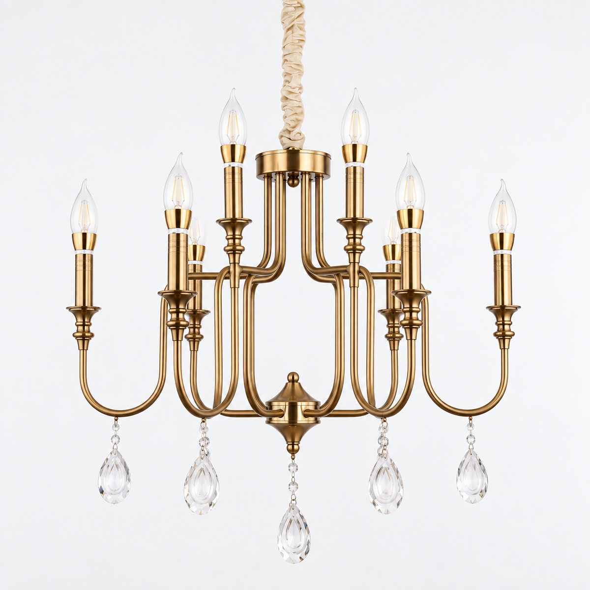 Close-up crystal drop detail of LUMERA chandelier