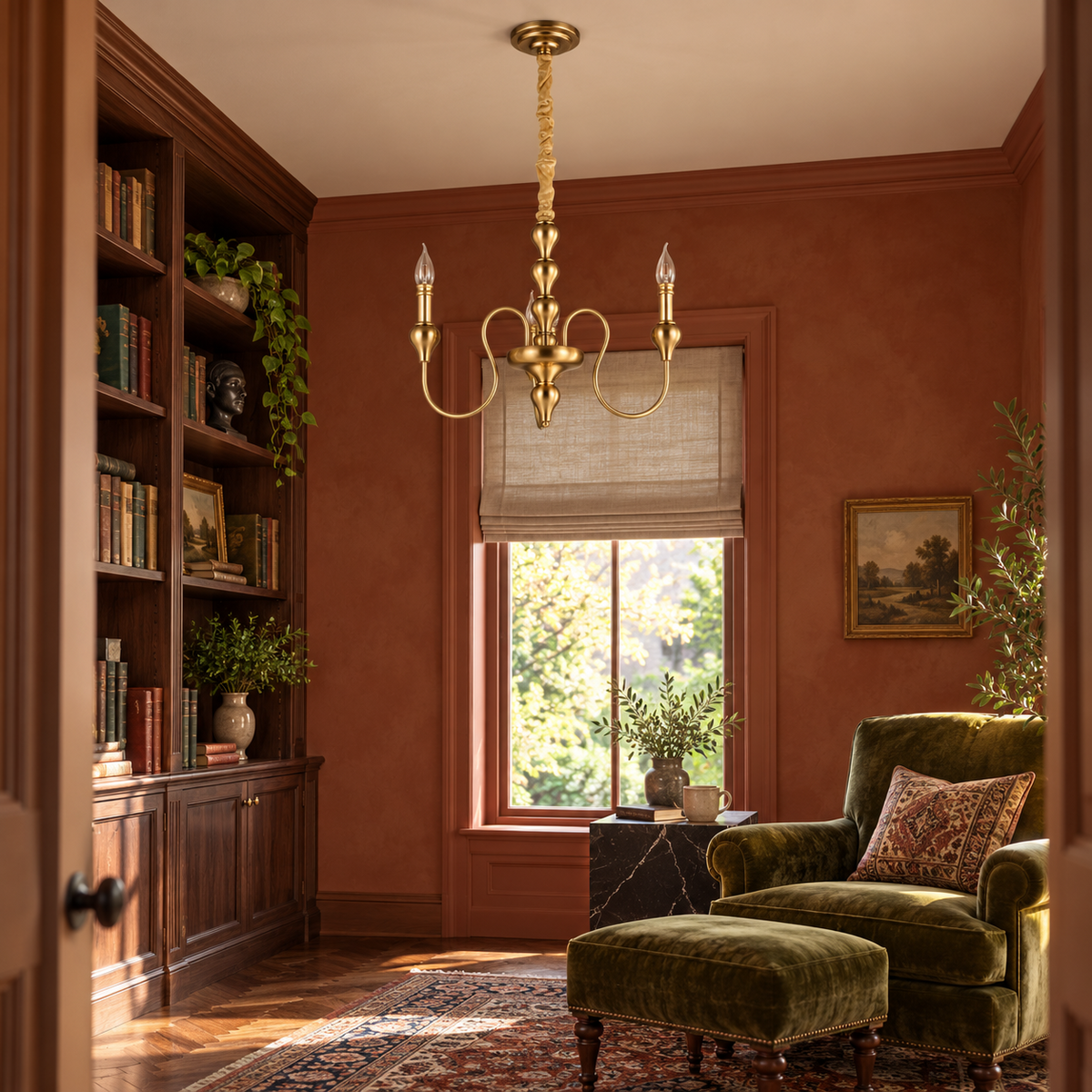 Golden Antique 3-Light Chandelier in a study room by day