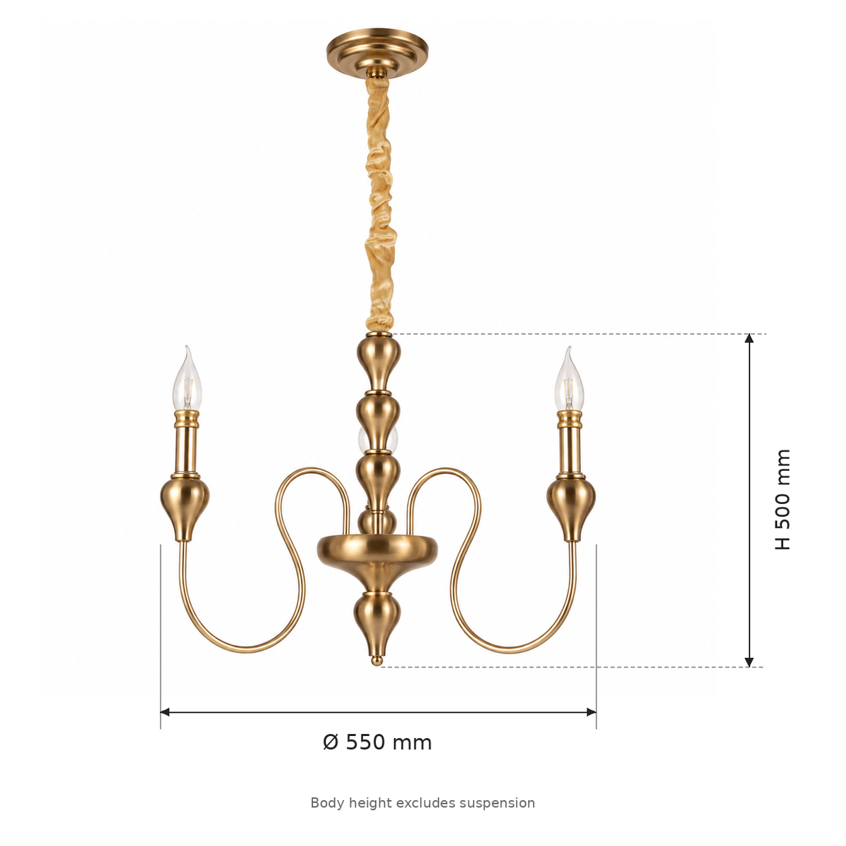 Golden Antique 3-Light Chandelier dimensions, Ø550 mm x H500 mm