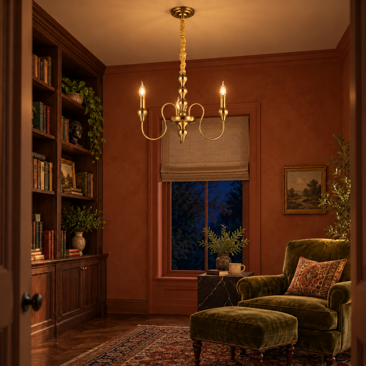 Golden Antique 3-Light Chandelier in a study room at night