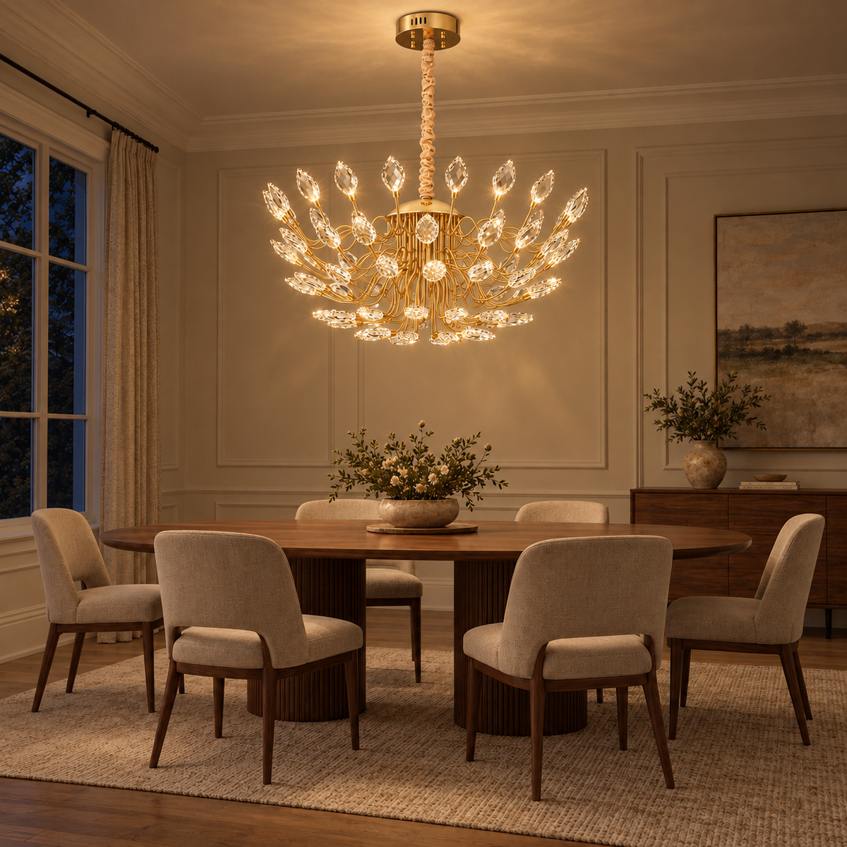 Laurielle Crystal Leaf Branch Chandelier, evening interior, light on