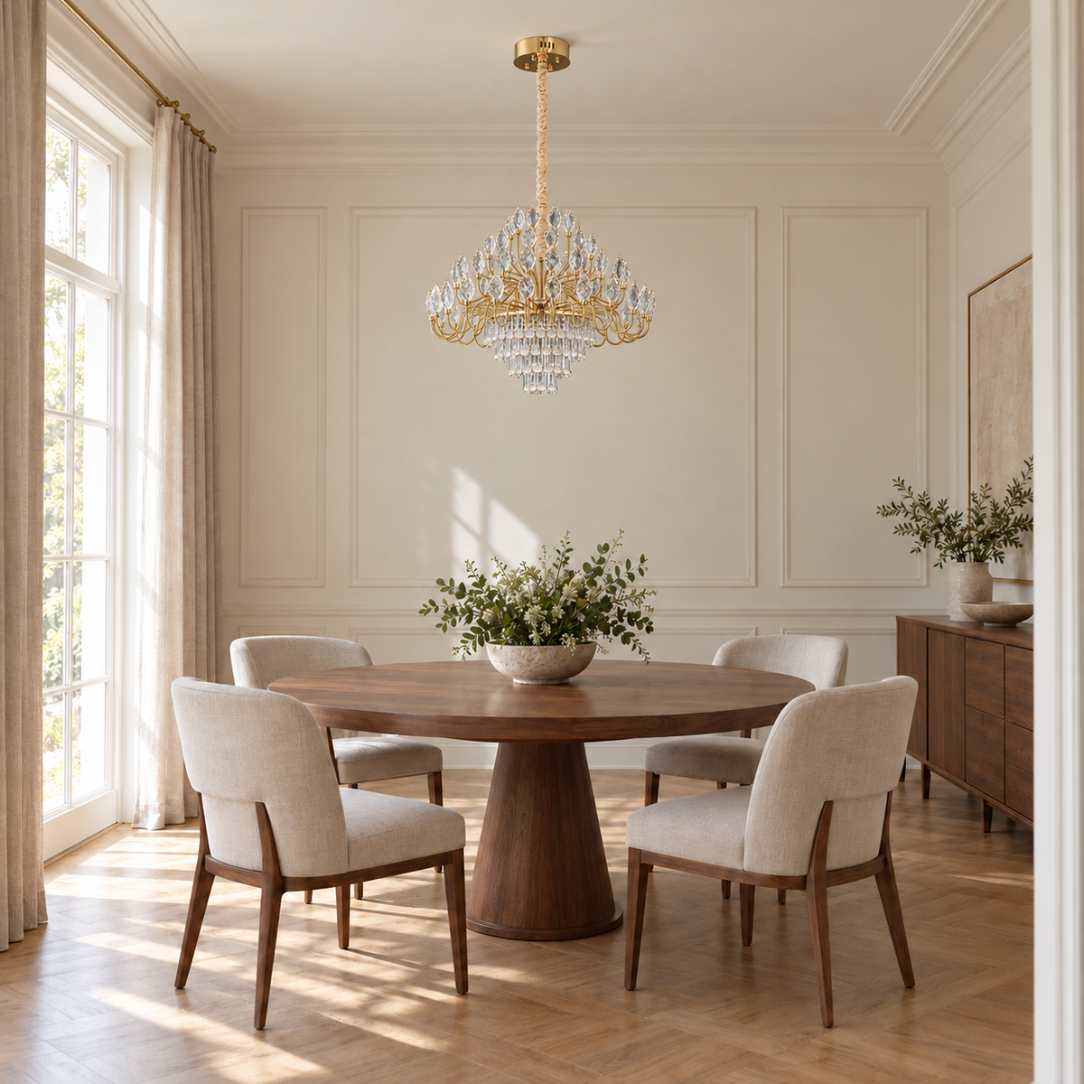 Laurielle Crystal Leaf Tiered Chandelier, daylight interior, light off