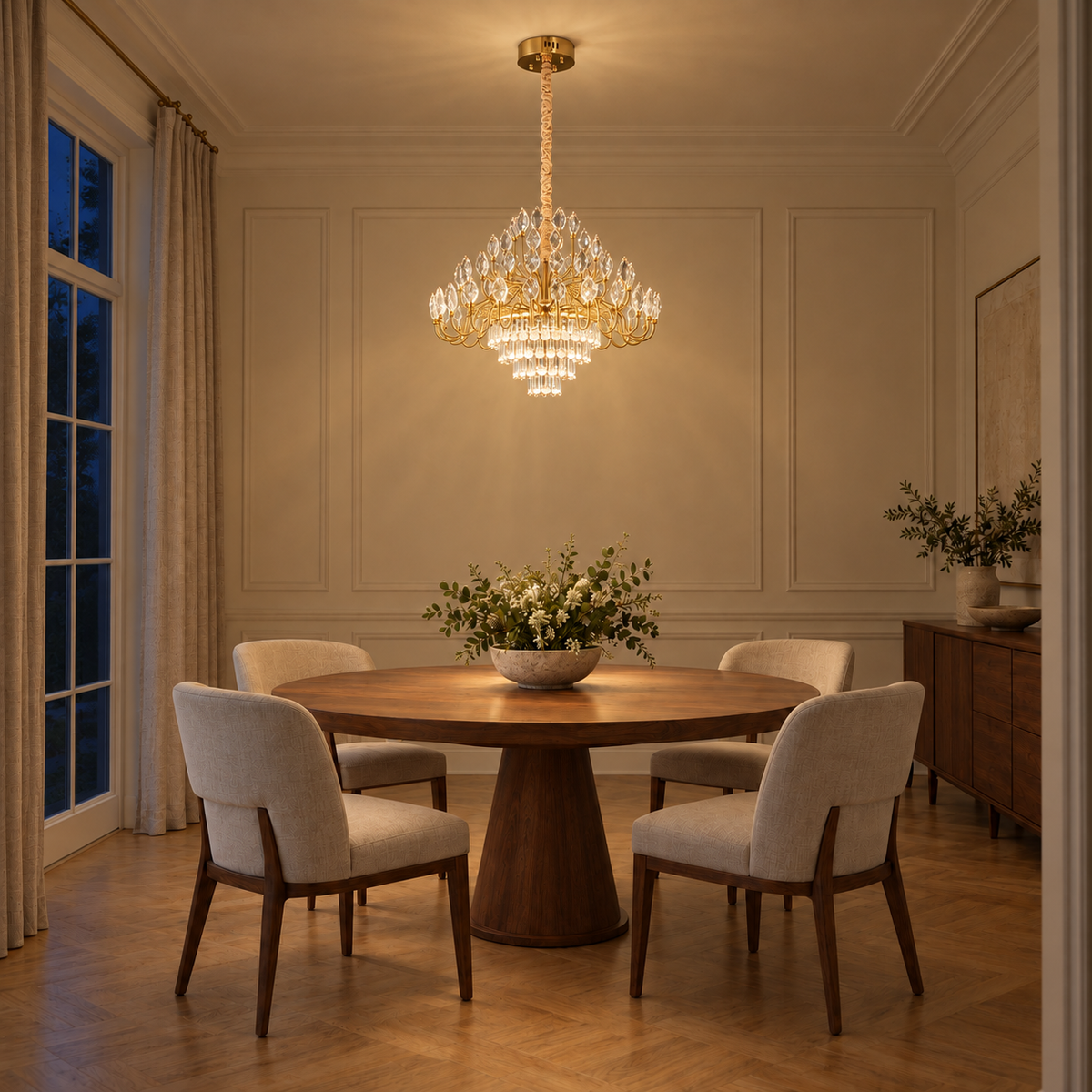 Laurielle Crystal Leaf Tiered Chandelier, evening interior, light on