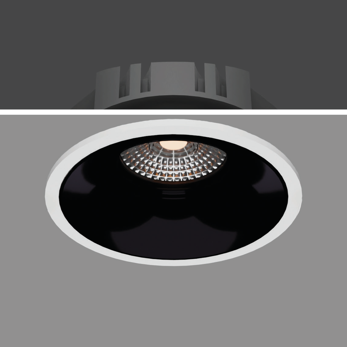 LEAN 12W recessed downlight, white-body reference with dark inner cone; black-body photograph unavailable.
