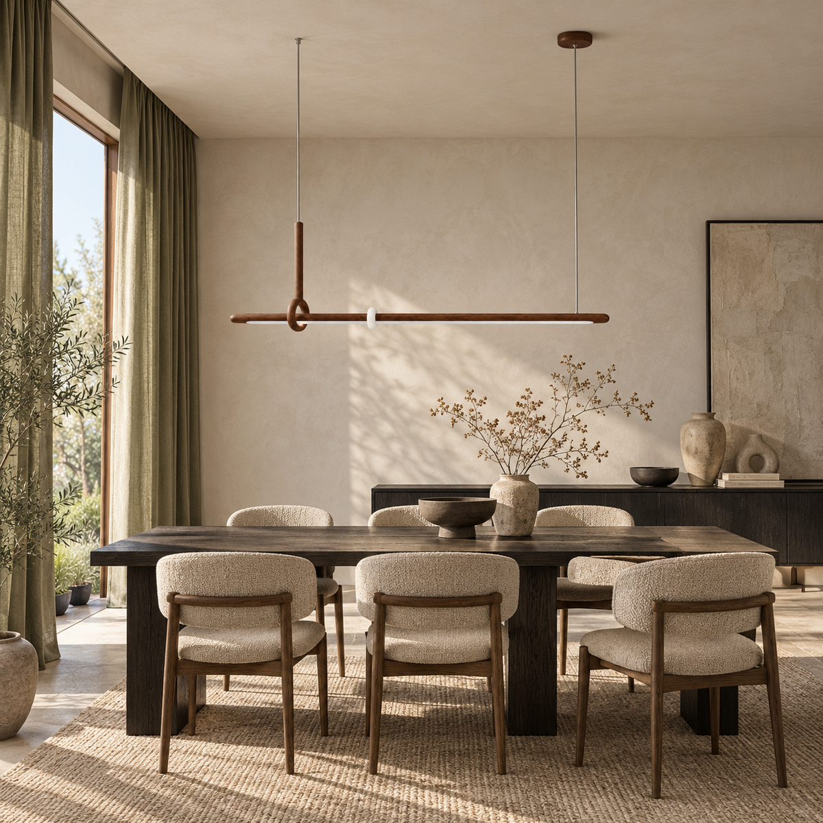 Lignia Walnut-Tone Linear Pendant Light β daylight interior, light off