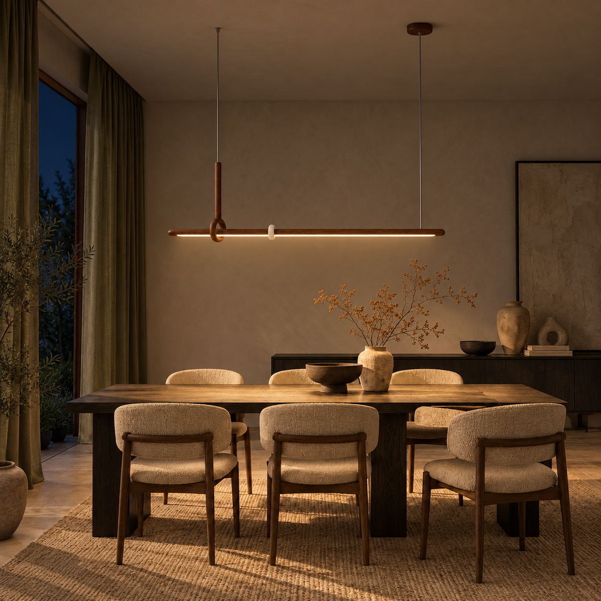 Lignia Walnut-Tone Linear Pendant Light β evening interior, light on